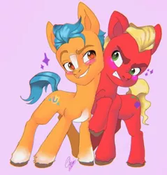 Size: 423x442 | Tagged: safe, artist:gum-gibbs, derpibooru import, hitch trailblazer, sprout cloverleaf, earth pony, pony, my little pony: a new generation, angry, blushing, coat markings, colored hooves, g5, gay, hitchsprout, image, looking at each other, looking at someone, male, png, shipping, simple background, small resolution, smiling, stallion, violet background