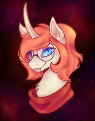 Size: 511x649 | Tagged: oc name needed, safe, artist:metalcoward, derpibooru import, oc, unofficial characters only, pony, unicorn, bust, clothes, curved horn, fangs, glasses, heterochromia, horn, image, lip piercing, lip ring, piercing, png, round glasses, scarf, slit pupils, solo, space background