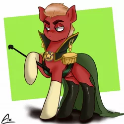Size: 2048x2048 | Tagged: suggestive, artist:aronair, derpibooru import, sprout cloverleaf, earth pony, pony, cape, clothes, emperor sprout, g5, image, jpeg, latex, latex socks, male, riding crop, socks, solo, stallion