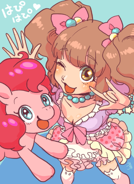 Size: 640x880 | Tagged: safe, artist:koblf, derpibooru import, pinkie pie, earth pony, human, pony, bow, cat socks, clothes, crossover, duo, female, hair bow, human and pony, idolmaster, image, jewelry, necklace, one eye closed, open mouth, open smile, pigtails, png, skirt, smiling, wink, yayoi takatsuki