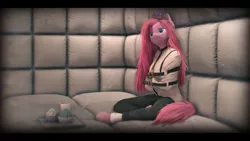 Size: 9600x5400 | Tagged: safe, artist:imafutureguitarhero, derpibooru import, pinkie pie, anthro, earth pony, unguligrade anthro, 3d, absurd file size, absurd resolution, asylum, big ears, black bars, blurry, bondage, cargo pants, cheek fluff, chromatic aberration, clothes, colored eyebrows, colored eyelashes, cup, cupcake, detailed hair, ear fluff, fangs, female, film grain, floppy ears, fluffy, food, frown, fur, hoof fluff, hooves, image, implied insanity, isolation, jpeg, leg wraps, lidded eyes, long hair, long mane, messy hair, messy mane, messy tail, neck fluff, nose fluff, nose wrinkle, padded cell, paintover, pants, paper cup, pinkamena diane pie, restrained, revamped anthros, revamped ponies, sad, signature, sitting, sitting on floor, solo, source filmmaker, straitjacket, tail, teeth, tray, vignette, wall of tags