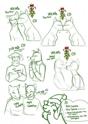 Size: 2893x4092 | Tagged: safe, artist:0naturaldisaster0, derpibooru import, oc, unofficial characters only, anthro, pony, anthro with ponies, christmas, clothes, commission, crossed arms, hat, holiday, image, kissing, mistletoe, oc x oc, png, santa hat, shipping, your character here