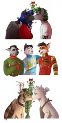 Size: 1827x3605 | Tagged: safe, artist:0naturaldisaster0, derpibooru import, oc, unofficial characters only, anthro, fox, pegasus, pony, anthro with ponies, antlers, blushing, bust, clothes, commission, crossed arms, furry, image, kissing, mistletoe, oc x oc, pegasus oc, png, shipping, simple background, sweater, white background, wings, ych result