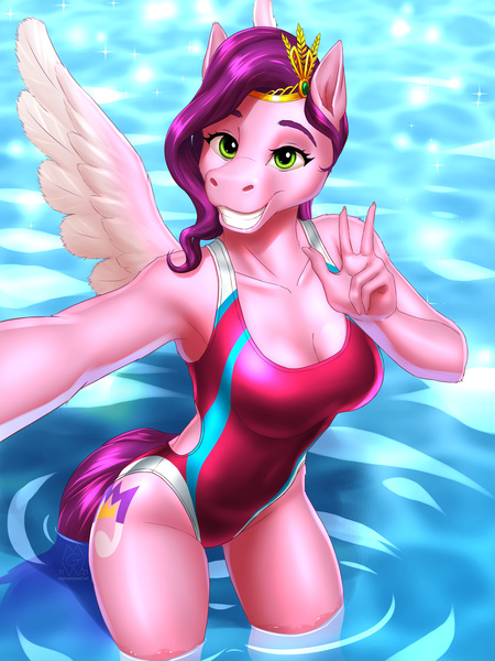 Size: 4500x6000 | Tagged: safe, artist:mykegreywolf, derpibooru import, pipp petals, anthro, pegasus, my little pony: a new generation, breasts, busty pipp petals, cleavage, clothes, female, g5, grin, high res, horse face, image, jpeg, legs in the water, looking at you, one-piece swimsuit, open-back swimsuit, peace sign, selfie, smiling, smiling at you, solo, spread wings, swimsuit, water, wings