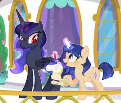 Size: 2700x2296 | Tagged: safe, artist:moonnightshadow-mlp, derpibooru import, oc, oc:lunar dream, oc:starglow sentry, unofficial characters only, alicorn, pony, unicorn, female, image, magic, mare, offspring, parent:flash sentry, parent:king sombra, parent:princess luna, parent:twilight sparkle, parents:flashlight, parents:lumbra, png