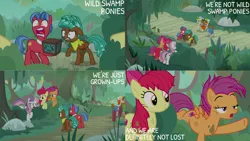 Size: 1280x720 | Tagged: safe, derpibooru import, edit, edited screencap, editor:quoterific, screencap, apple bloom, biscuit, scootaloo, spur, sweetie belle, earth pony, pegasus, pony, unicorn, growing up is hard to do, season 9, spoiler:s09, apple bloom's bow, bow, colt, cutie mark crusaders, female, filly, floppy ears, hair bow, image, male, mare, older, older apple bloom, older cmc, older scootaloo, older sweetie belle, open mouth, png, stallion