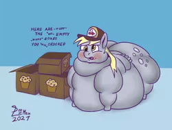 Size: 1800x1350 | Tagged: suggestive, artist:doomlemon, derpibooru import, derpy hooves, pegasus, pony, aderpose, belly, belly on floor, big belly, bingo wings, blatant lies, blushing, box, dialogue, fat, female, food, hat, hiccup, image, morbidly obese, muffin, neck roll, obese, panting, png, solo, that pony sure does love muffins, wide hips