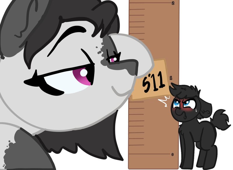 Size: 1503x1098 | Tagged: safe, artist:nootaz, derpibooru import, oc, oc:inkenel, oc:oretha, pony, 5'11" vs 6'0", female, grumpy, image, jpeg, larger female, macro, male, measuring, micro, size difference, smaller male, smug, yardstick