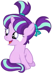 Size: 7000x9900 | Tagged: safe, artist:tardifice, derpibooru import, starlight glimmer, pony, unicorn, the crystalling, absurd resolution, blue eyes, female, filly, filly starlight glimmer, foal, full body, horn, image, looking back, multicolored mane, multicolored tail, open mouth, open smile, pigtails, png, simple background, sitting, smiling, solo, tail, transparent background, vector, younger
