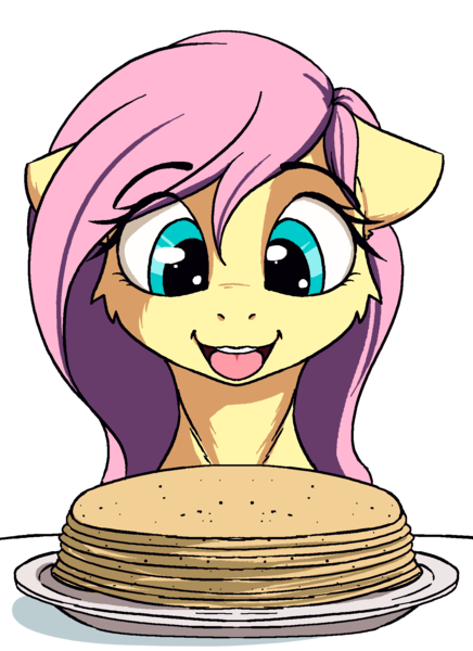 Size: 1390x1913 | Tagged: safe, artist:alcor, derpibooru import, fluttershy, pegasus, pony, cheek fluff, cute, eye clipping through hair, eyebrows, eyebrows visible through hair, female, floppy ears, food, image, mare, open mouth, open smile, pancakes, pink mane, png, shyabetes, simple background, sketch, smiling, solo, transparent background