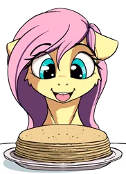 Size: 1390x1913 | Tagged: safe, artist:alcor, derpibooru import, fluttershy, pegasus, pony, cheek fluff, cute, eye clipping through hair, eyebrows, eyebrows visible through hair, female, floppy ears, food, image, mare, open mouth, open smile, pancakes, pink mane, png, shyabetes, simple background, sketch, smiling, solo, transparent background