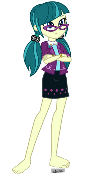 Size: 2000x3600 | Tagged: safe, artist:mixiepie, derpibooru import, edit, juniper montage, equestria girls, mirror magic, movie magic, spoiler:eqg specials, barefoot, clothes, crossed arms, cute, feet, female, glasses, image, png, skirt, smiling, solo, toes