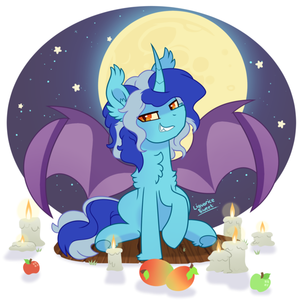 Size: 2200x2200 | Tagged: safe, artist:liquorice_sweet, derpibooru import, oc, oc:rain bright, bat pony, pony, apple, candle, chest fluff, food, halloween, holiday, image, male, mango, moon, night, png, simple background, solo, solo male, stars, transparent background