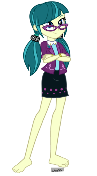 Size: 2000x3600 | Tagged: safe, artist:mixiepie, derpibooru import, edit, juniper montage, human, equestria girls, mirror magic, movie magic, spoiler:eqg specials, barefoot, better version, clothes, crossed arms, cute, feet, glasses, image, pigtails, png, skirt, smiling, toes
