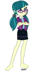 Size: 2000x3600 | Tagged: safe, artist:mixiepie, derpibooru import, edit, juniper montage, human, equestria girls, mirror magic, movie magic, spoiler:eqg specials, barefoot, better version, clothes, crossed arms, cute, feet, glasses, image, pigtails, png, skirt, smiling, toes