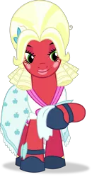 Size: 2500x4823 | Tagged: safe, artist:frownfactory, derpibooru import, big macintosh, earth pony, pony, brotherhooves social, blushing, bow, clothes, crossdressing, handkerchief, image, lipstick, makeup, male, orchard blossom, png, simple background, skirt, solo, stallion, transparent background, vector, wig