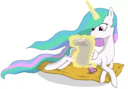 Size: 2592x1803 | Tagged: safe, artist:mrtank667, derpibooru import, princess celestia, alicorn, pony, cup, image, letter, magic, magic aura, pillow, png, reading, simple background, solo, teacup, white background