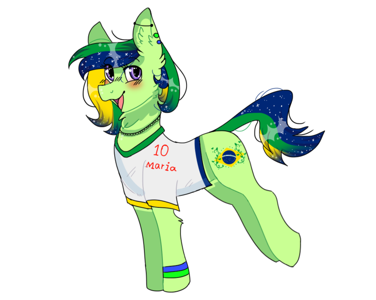 Size: 1000x800 | Tagged: safe, artist:valkiria, derpibooru import, oc, oc:maria potranca, unofficial characters only, earth pony, pony, derpibooru community collaboration, 2022 community collab, blushing, brazil, clothes, derpibooru exclusive, ear piercing, earring, image, jewelry, multicolored hair, necklace, open mouth, piercing, png, raised leg, shirt, simple background, solo, t-shirt, transparent background, wristband