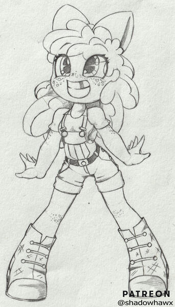 Size: 1024x1796 | Tagged: safe, artist:shadowhawx, derpibooru import, apple bloom, equestria girls, adorabloom, boots, bow, clothes, cowboy boots, cute, female, grin, hair bow, image, jpeg, monochrome, overalls, pigeon toed, shoes, sketch, smiling, solo, traditional art