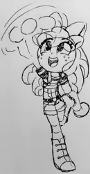Size: 1342x2571 | Tagged: safe, artist:shadowhawx, derpibooru import, apple bloom, equestria girls, adorabloom, boots, bow, clothes, cowboy boots, cute, hair bow, image, jpeg, monochrome, overalls, pigeon toed, shoes, smiling, solo, traditional art, waving