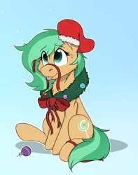 Size: 1744x2208 | Tagged: safe, artist:rokosmith26, derpibooru import, oc, oc:minty pop, unofficial characters only, earth pony, pony, bow, cheek fluff, chest fluff, christmas, christmas stocking, christmas wreath, commission, earth pony oc, female, floppy ears, gradient background, holiday, image, looking up, mare, one ear down, png, raised hoof, ribbon, simple background, sitting, smiling, solo, sweat, sweatdrop, tail, tongue out, wreath, ych result