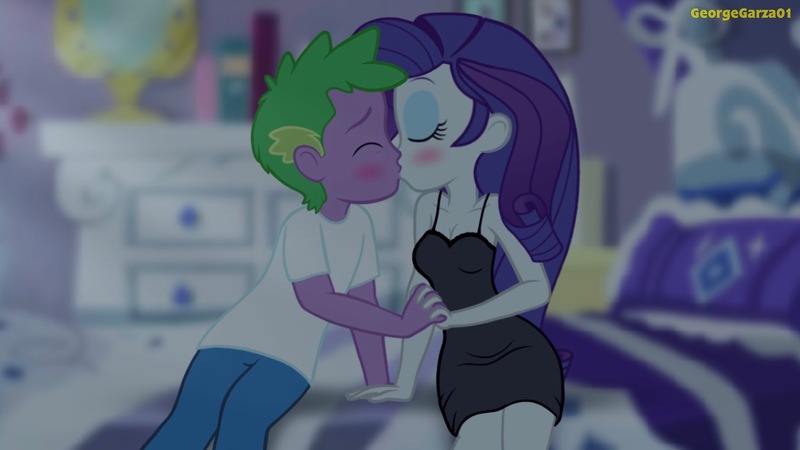 Size: 3640x2048 | Tagged: safe, artist:georgegarza01, derpibooru import, rarity, spike, human, equestria girls, bed, black nightgown, blushing, breasts, busty rarity, cleavage, clothes, eyes closed, female, holding hands, human spike, humanized, image, jpeg, kissing, male, night, nightgown, rarity's bedroom, shipping, shirt, sparity, story included, straight