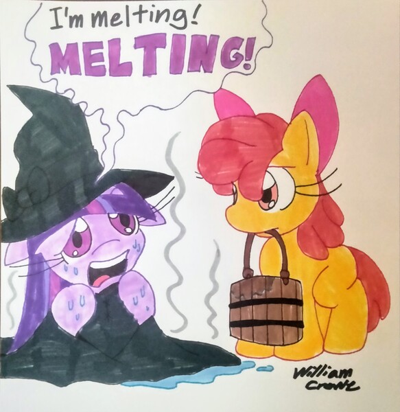 Size: 3120x3212 | Tagged: safe, artist:crowe1978, derpibooru import, apple bloom, twilight sparkle, earth pony, pony, unicorn, bucket, female, filly, hat, image, jpeg, mare, the wizard of oz, wet, wicked witch of the west, witch, witch hat