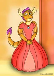 Size: 1024x1449 | Tagged: safe, artist:sparkbolt3020, derpibooru import, part of a set, smolder, dragon, box, clothes, commission, doll, dollified, dress, exclamation point, image, inanimate tf, jpeg, shrinking, toy, transformation, transformation sequence