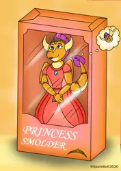 Size: 1024x1449 | Tagged: safe, artist:sparkbolt3020, derpibooru import, part of a set, smolder, dragon, box, clothes, confusion, dress, image, inanimate tf, jpeg, princess smolder, thought bubble, toy, transformation, transformation sequence