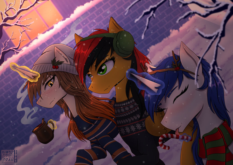 Size: 4961x3508 | Tagged: safe, artist:alicetriestodraw, derpibooru import, oc, oc:mysza, oc:paintbrush, oc:rily, pegasus, unicorn, candy, candy cane, christmas, christmas sweater, clothes, ear warmers, female, food, freckles, friends, happy, holiday, holly, image, mulled wine, png, scarf, snow, sweater, tree branch, trio, trio female, walking, winter