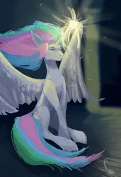 Size: 2800x4096 | Tagged: safe, artist:thelordgemm, derpibooru import, princess celestia, alicorn, pony, eyes closed, female, glow, glowing horn, horn, image, png, solo, spread wings, windswept hair, wings