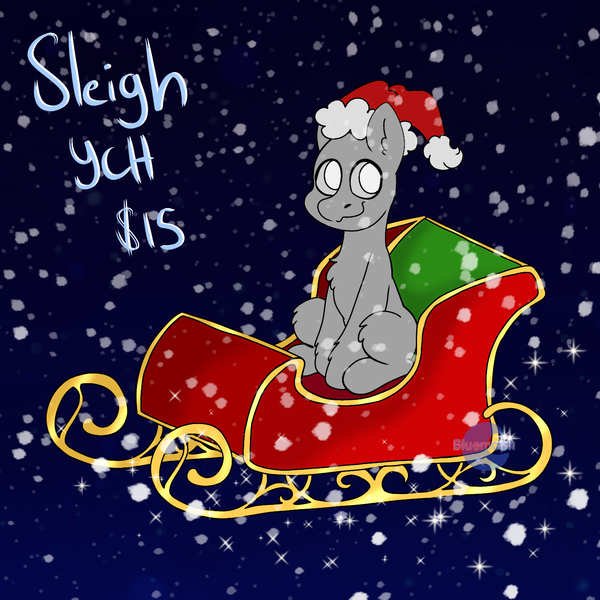 Size: 1440x1439 | Tagged: safe, artist:bluemoon, derpibooru import, oc, pony, advertisement, christmas, commission, commission info, hat, hearths warming, holiday, image, png, santa hat, sleigh, snow, solo, ych example, your character here