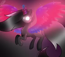 Size: 1566x1376 | Tagged: safe, artist:yanderecomet, derpibooru import, oc, oc:shadow star, unofficial characters only, alicorn, pony, alicorn oc, female, flying, glow, glowing eyes, glowing horn, horn, image, jpeg, red and black oc, solo, spread wings, wings
