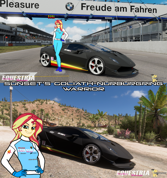 Size: 1920x2045 | Tagged: safe, artist:forzaveteranenigma, derpibooru import, sunset shimmer, fanfic, fanfic:equestria motorsports, equestria girls, car, forza horizon 5, forza motorsport 7, image, lamborghini, lamborghini sesto elemento, nurburgring, png, racing suit, supercar, watermark