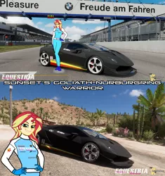 Size: 1920x2045 | Tagged: safe, artist:forzaveteranenigma, derpibooru import, sunset shimmer, fanfic, fanfic:equestria motorsports, equestria girls, car, forza horizon 5, forza motorsport 7, image, lamborghini, lamborghini sesto elemento, nurburgring, png, racing suit, supercar, watermark