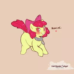 Size: 1200x1200 | Tagged: suggestive, artist:cold-blooded-twilight, derpibooru import, apple bloom, earth pony, blank flank, bloomsub, blushing, bow, collar, dialogue, dock, female, foalcon, heart, image, implied foalcon, looking at you, name tag, png, raised hoof, raised tail, slave collar, smiling, solo, solo female, tail, underage