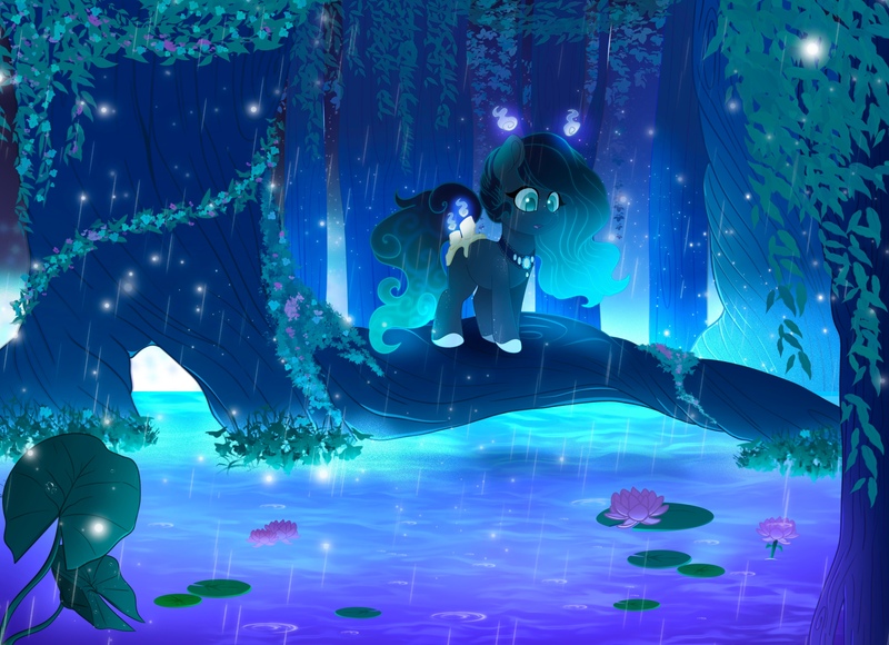 Size: 3251x2357 | Tagged: safe, artist:rand-dums, derpibooru import, oc, unofficial characters only, original species, pony, scented pony, candle, choker, female, flower, forest, high res, image, jpeg, lilypad, pond, rain, solo, tree, water, water lily