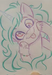 Size: 1427x2048 | Tagged: safe, artist:balychen, derpibooru import, izzy moonbow, pony, unicorn, derp, g5, image, jpeg, raspberry, smiling, solo, tongue out, traditional art