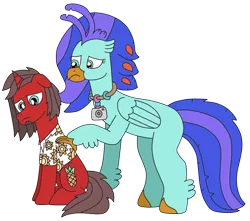 Size: 2605x2300 | Tagged: safe, artist:supahdonarudo, derpibooru import, oc, oc:ironyoshi, oc:sea lilly, unofficial characters only, classical hippogriff, hippogriff, unicorn, camera, clothes, comforting, hoof on shoulder, image, jewelry, necklace, png, sad, shirt, simple background, transparent background