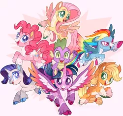 Size: 1024x957 | Tagged: safe, artist:wanderingpegasus, derpibooru import, applejack, fluttershy, pinkie pie, rainbow dash, rarity, spike, twilight sparkle, twilight sparkle (alicorn), alicorn, earth pony, pegasus, pony, unicorn, alternate design, applejack's hat, base used, chest fluff, cowboy hat, female, freckles, hat, image, male, mane seven, mane six, mare, markings, png, redesign, twitterina design, unshorn fetlocks