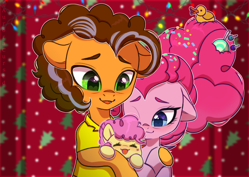 Size: 3048x2160 | Tagged: safe, artist:auroracursed, derpibooru import, cheese sandwich, li'l cheese, pinkie pie, earth pony, pony, the last problem, candy, candy in hair, cute, family, female, food, image, male, mare, older, older cheese sandwich, older pinkie pie, png, shipping, simple background, stallion