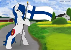 Size: 2046x1447 | Tagged: safe, artist:syntiset, derpibooru import, oc, ponified, unofficial characters only, earth pony, pony, bipedal, detailed background, female, finland, flag, image, independence day, looking at you, mare, nation ponies, one eye closed, png, smiling, smiling at you, solo, wink, winking at you