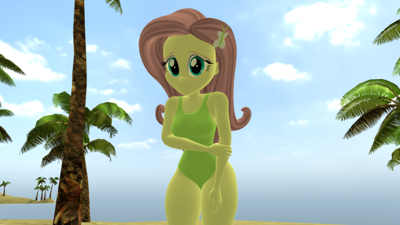 Size: 1920x1080 | Tagged: safe, artist:mr.uberrebu25, derpibooru import, fluttershy, equestria girls, 3d, beach, beach babe, breasts, busty fluttershy, clothes, green swimsuit, hand on arm, image, leotard, one-piece swimsuit, png, shy, solo, swimsuit