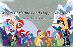 Size: 2970x1902 | Tagged: safe, anonymous artist, derpibooru import, gummy, izzy moonbow, mare do well, rainbow dash, oc, oc:anonfilly, oc:astral brilliance, oc:peppermint swirl, earth pony, pegasus, pony, unicorn, christmas, clothes, derpibooru exclusive, female, filly, g5, hat, holiday, image, png, santa hat, scarf, snow, text, winter
