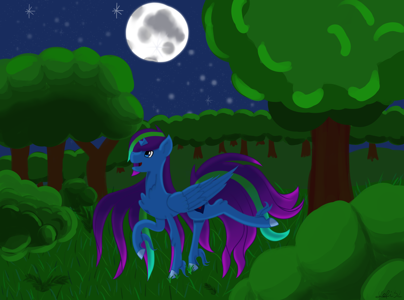 Size: 3288x2447 | Tagged: safe, derpibooru import, oc, oc:blue pure, alicorn, pony, bangs, blue eyes, blue fur, broken horn, bush, fern, forest, grass, green hair, horn, image, moon, night, png, purple hair, smiling, solo, tree, wings