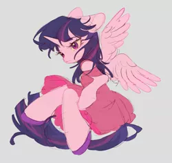 Size: 2305x2176 | Tagged: safe, artist:leafywind, derpibooru import, twilight sparkle, twilight sparkle (alicorn), alicorn, semi-anthro, clothes, cute, dress, floppy ears, gray background, high res, hoof shoes, image, jpeg, simple background, solo, spread wings, twiabetes, wings