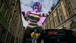 Size: 2560x1440 | Tagged: safe, artist:arcanetesla, derpibooru import, flash sentry, twilight sparkle, alicorn, anthro, pegasus, 3d, female, flashlight, giant anthro, giantess, image, macro, male, png, shipping, size difference, smaller male, source filmmaker, straight