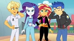 Size: 1280x721 | Tagged: safe, artist:themexicanpunisher, derpibooru import, flash sentry, ragamuffin (equestria girls), rarity, sunset shimmer, equestria girls, double date, female, flashimmer, image, jpeg, male, rarimuffin, shipping, straight