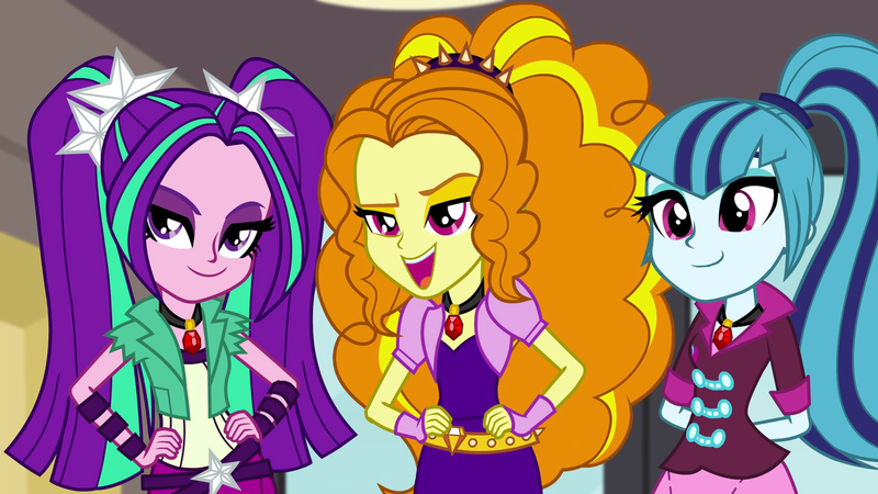 Size: 1280x720 | Tagged: safe, derpibooru import, screencap, adagio dazzle, aria blaze, sonata dusk, equestria girls, rainbow rocks, amulet, arm behind back, clothes, female, gem, hand on hip, image, jewelry, necklace, open mouth, pigtails, png, ponytail, siren gem, the dazzlings
