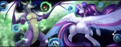 Size: 4500x1750 | Tagged: safe, artist:nsfwbonbon, derpibooru import, rarity, spike, alicorn, dragon, pony, unicorn, absurd resolution, adult, adult spike, ascension enhancement, butt, claws, ethereal wings, female, frog (hoof), giant pony, giant rarity, giant unicorn, giantess, glow, glowing eyes, glowing horn, gradient eyes, horn, image, large butt, large wings, lip bite, macro, magic, male, married couple, mega giant, mega rarity, mega spike, older, older spike, planet, png, rainbow power, runes, scales, shipping, smiling, smirk, space, sparity, story included, straight, underhoof, wide hips, wing claws, winged spike, wings